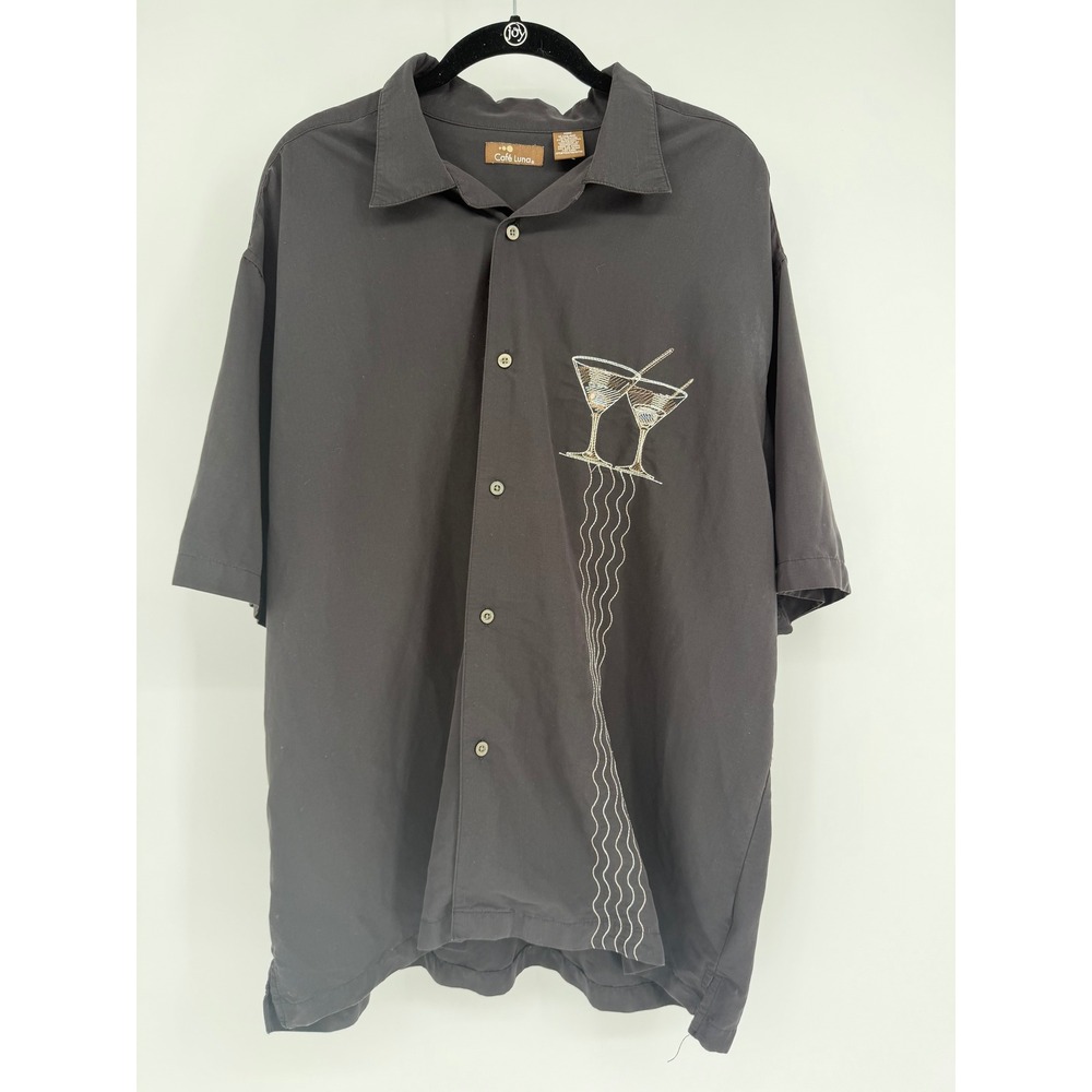 Cafe Luna Mens XL Martini Glass Embroidered Button Down Shirt Grey Rayon Blend